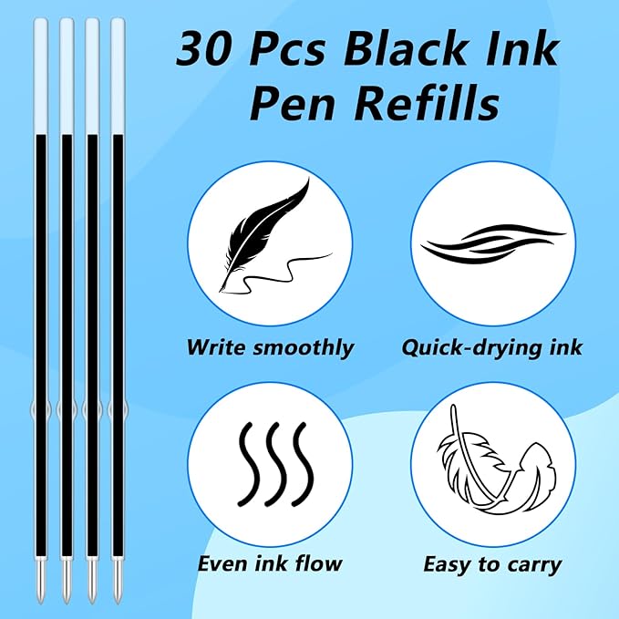 30 Piece Ballpoint Refills 1 mm Medium Point Tip Retractable Ballpoint Pen Refills for Journal Writing Office and School Supplies for Click Pens