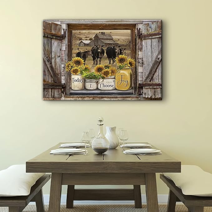 Parylore Sunflower Mason Jars on Rustic Window Wall Art Angus Cows Kitchen Decor Farmhouse Picture Framed Modern Artwork For Living Room Bedroom Home 12x16 In