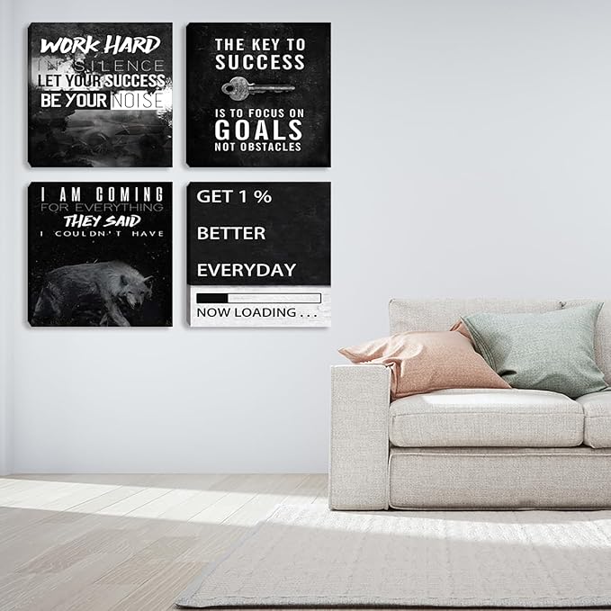 Halioyo Motivational Wall Art Decor, 4 Panel Inspirational Canvas Prints, Positive Quotes Workspace Painting Posters for Living Room Bedroom Home Office Success Wall Art, 16x16-inch
