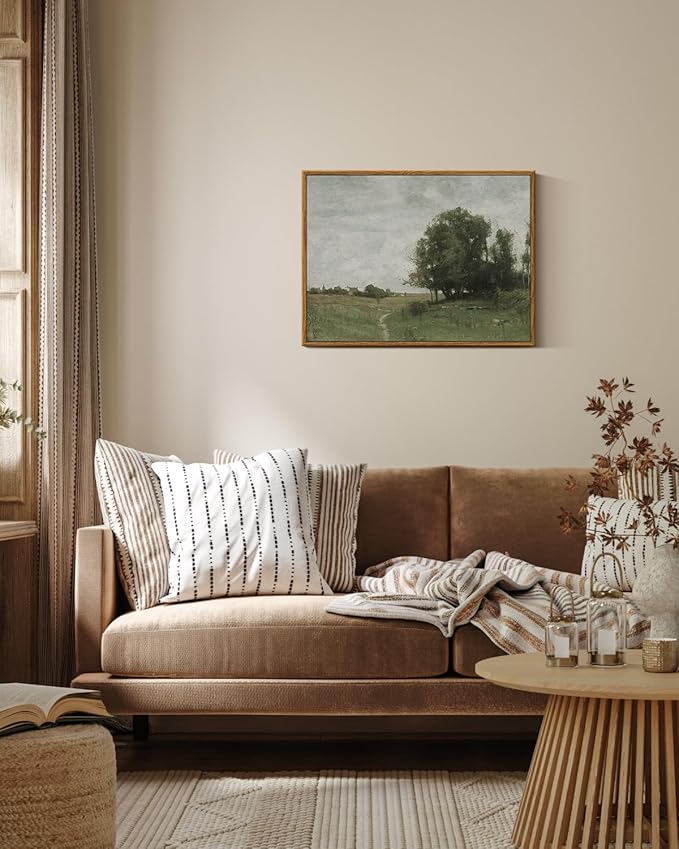 ARPEOTCY Vintage Framed Canvas Wall Art, The Path to the Village Country Scenery Retro Painting Decor Aesthetic Artwork, Country Landscape Wall Pictures for Living Room,12x16 Inch