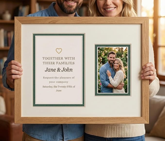 Poster Palooza Wedding Invitation Display Frame 10x11.25 in Natural With White and Pink Double Mat for 4.25x5.5 A2 Keepsake | USA Made