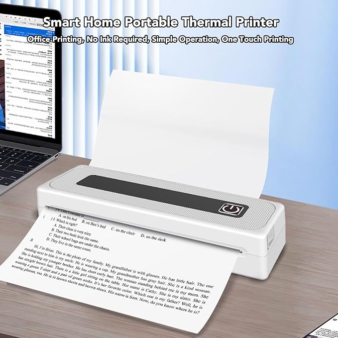 Inkless Portable Printer for Travel, Thermal Printer with 1 Rolls of Thermal Paper Kit Supports 2.24 inch, 3.15 inch, 4.41 inch, A4, 8.5 inch x 11 inch Letter Size for Office, Car