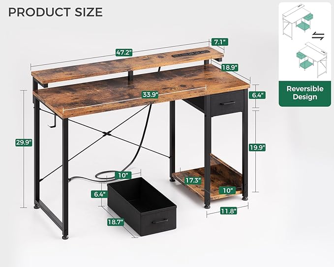 AODK Gaming Desk with LED Lights & Power Outlet, 48 Inch Computer Desk with Drawers, Reversible Small Desk with Monitor Stand & Headphone Hook for Home Office, Rustic Brown
