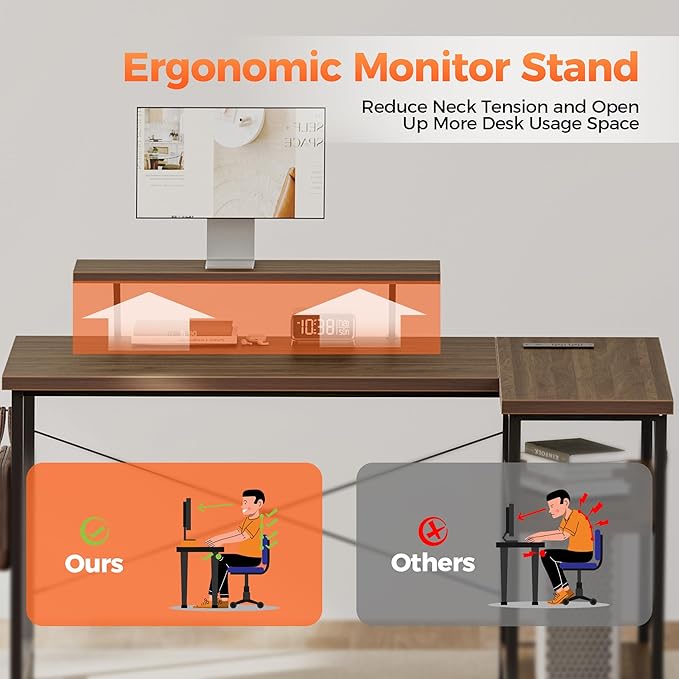 Mericonia Small L Shaped Computer Desk with Power Outlets, Reversible Gaming Desk with Storage Shelves & Monitor Stand, Corner Gamer Desk Table, Study Writing Table
