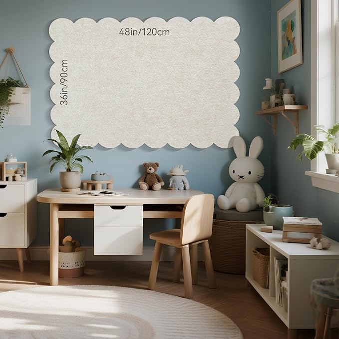 Scalloped Bulletin Board, 48 x 36 Inches Felt Pin Board - Decorative Cork Alternative for Wall, Foldable Picture Self-Adhesive Vision Prayer Board with 20 Pushpins - Oatmeal