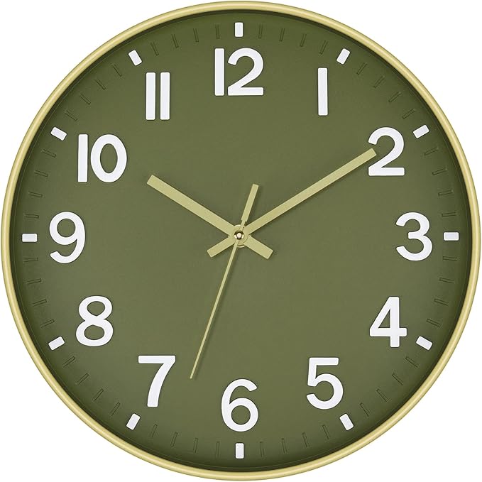 Foxtop Modern Wall Clock Silent Non-Ticking Battery Operated Round Quartz 12 Inch Wall Clock for Bedroom Living Room Kitchen Home School Office Decor (Olive Green and Gold)