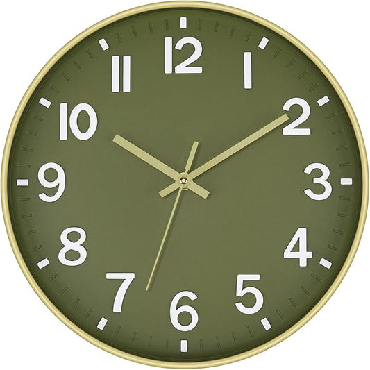Foxtop Modern Wall Clock Silent Non-Ticking Battery Operated Round Quartz 12 Inch Wall Clock for Bedroom Living Room Kitchen Home School Office Decor (Olive Green and Gold)