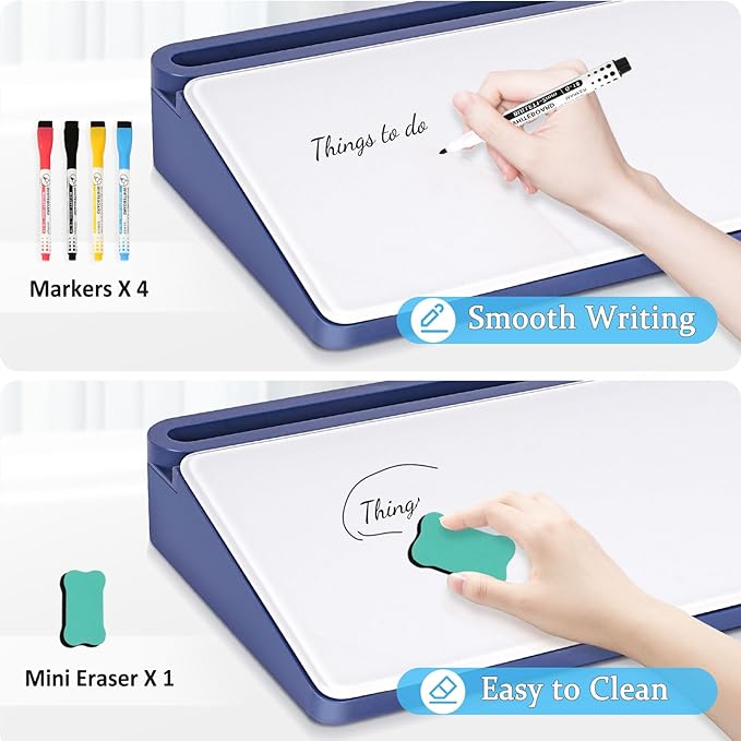 DOLLAR BOSS Glass Desk Whiteboard Small Dry Erase Board Desktop White Board with Storage Drawer Computer Keyboard Stand Desk Organizer Office Accessories School Supplies with 4 Markers 1 Eraser, Blue