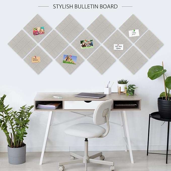 BXI Felt Bulletin Board - 12 X 12 X 3/8 Inches 6 Pcs Self-Adhesive Poster Cork Board with 30 Push Pins, Thick Pin Tiles Display Vision Board, Photo Picture Panels for Home Office Classroom Walls