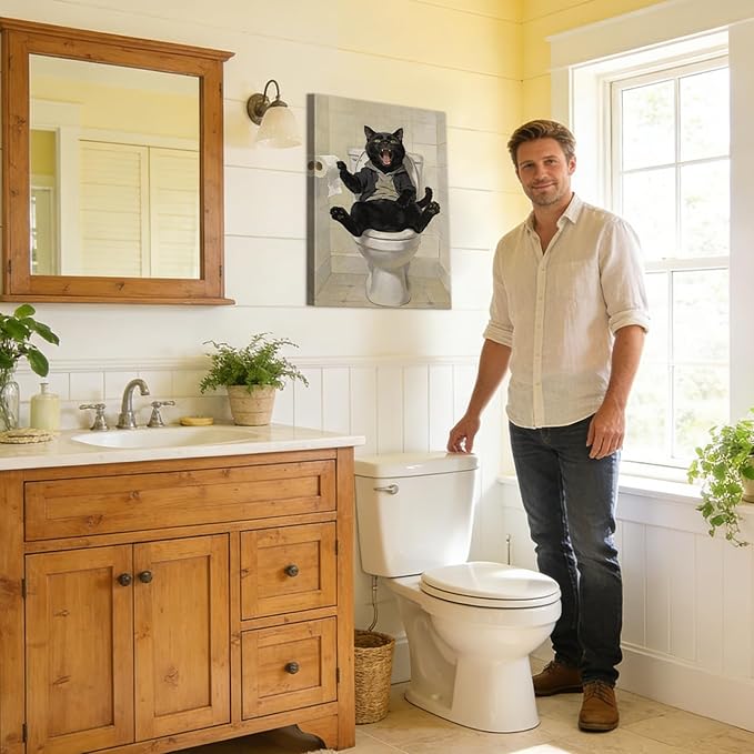 Framed Funny Black Cat Bathroom Decor Modern Bathroom Wall Art, Humor Black Cat Sitting on Toilet Cathching Toilet Paper Roll Wall Decor, Animals Posters Paintings Print Decoration 24x36 Inches