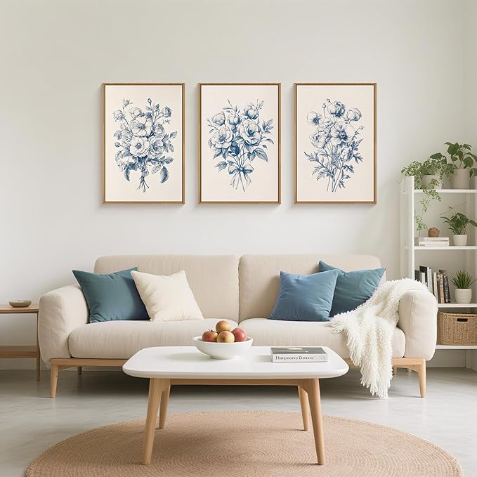 KAIRNE Blue Floral Wall Art Set of 3, Vintage Botanical Flower Framed Canvas Prints, Blue and White Chinoiserie Flower Artwork Decor for Living Room, Bedroom, Office - 16×24 inch
