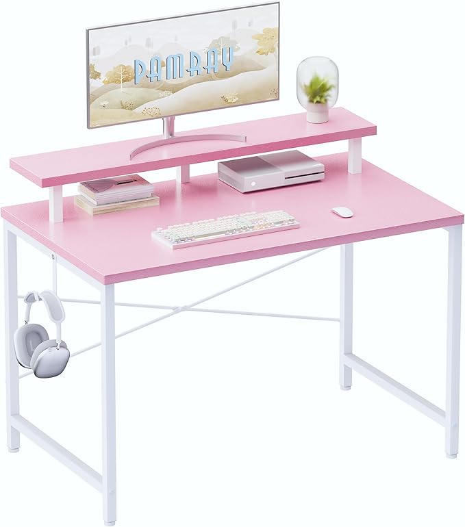 Pamray 32 Inch Small Computer Desk with Monitor Stand, Simple Office Desk with Headphone Hook for Small Spaces, Kids Study Writing Table for Bedroom, Pink
