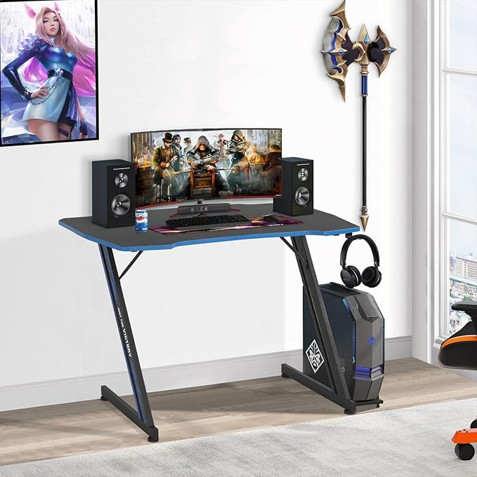 BestOffice Gmaing Desk Z Shaped 39.4in Computer Gaming Workstation Ergonomic Gaming Table with Headphone Hook for Game Players, Blue
