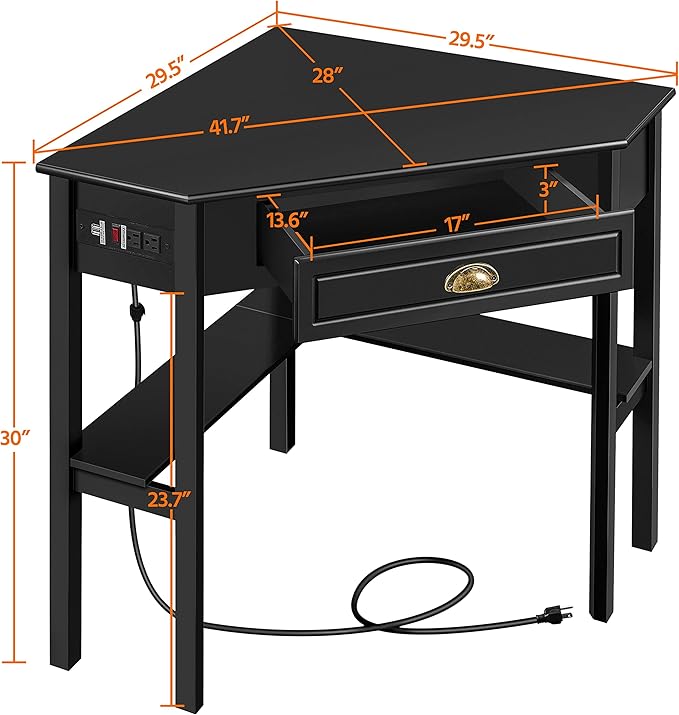 Yaheetech L Shaped Computer Desk Corner Table with Charging Station Outlets for Small Space, 90 Degree Triangle Desk Home Office Table with Drawer and Storage Shelf for Workstation, Living Room, Black