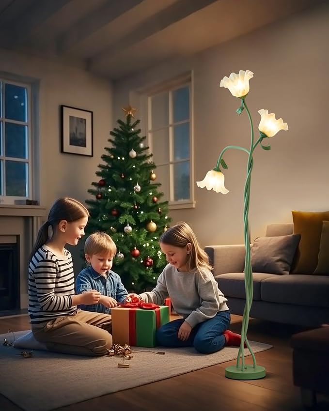 Flower Standing Lamp for Bedroom, Cute Floor Lamp with Flexible Neck, Bulbs Included, 3 Color Temperatures Vintage Tall Reading Lamp for Home Living Room Corner (Green)
