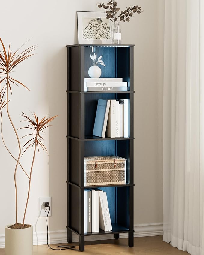 Bookshelf with LED Lights, Modern 4-Tier Bookcase, Open Storage Book Shelf, 11 × 14.2 × 50.4 Inches, Small Narrow Bookshelves for Living Room, Home Office, Bedroom, Black