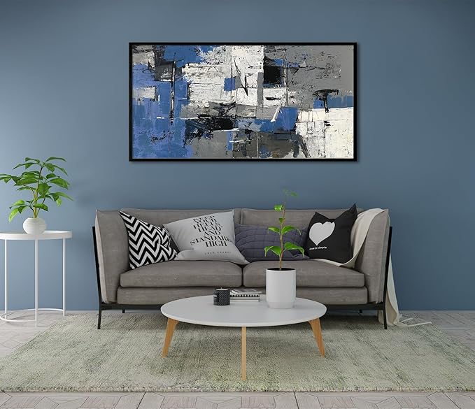 Blue Abstract Canvas Wall Art - Large Textured Wall Art Paintings for Living Room, Modern Blue and Black Artwork Gray Pictures for Bedroom Office Wall Decor 24" x 48"(Framed)