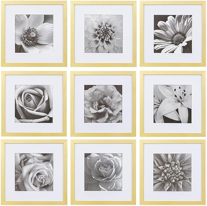 eletecpro 12x12 Picture Frames Set of 9 with Clear Acrylic Cover, Display 8x8 Photos with Mat or 12x12 Without, Classic and Sturdy Square Collage Gallery Wall Decor, Easy Wall Mount, Gold