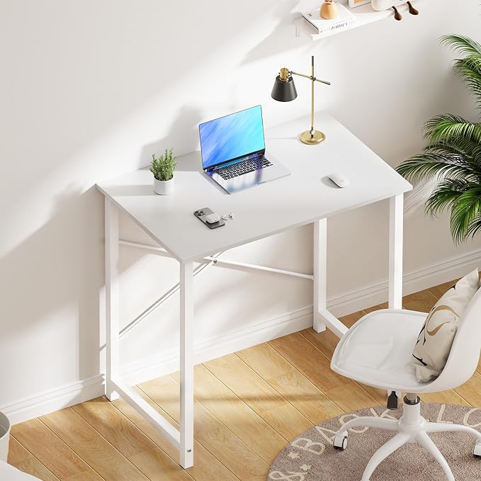 OLIXIS Small Computer Desk, 32 Inch Home Office Writing Desk for Small Spaces, Study Table with X-Shaped Reinforcement, Sturdy Bedroom Table with Scratch-Resistant Tabletop & Metal Frame, White