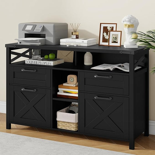 Farmhouse Filing Cabinet with Adjustable Shelf for Home Office, Lateral File Cabinets 4 Drawers with Open Storage Shelf, Filing Organization Storage Cabinets for Hanging Files Letter/A4.Pure Black
