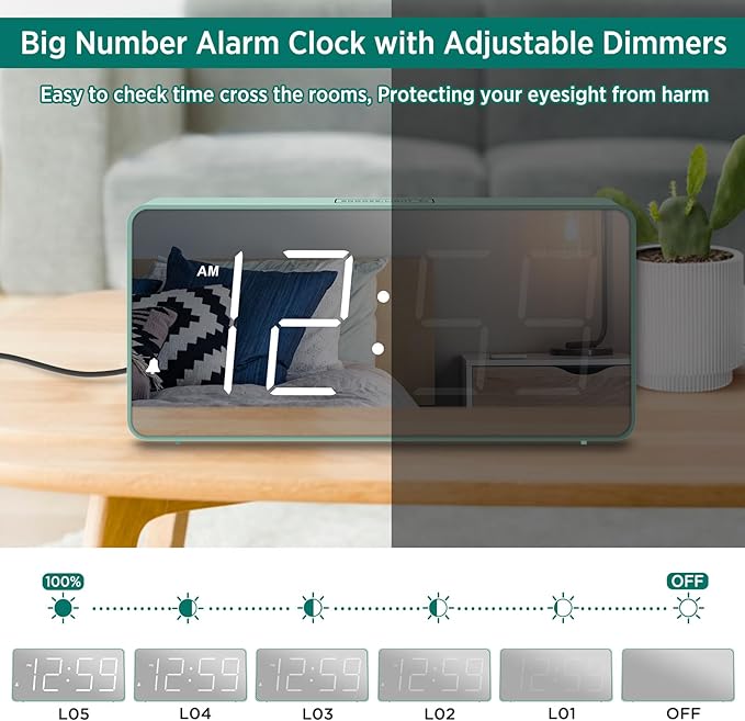 Peakeep Digital Clock, Alarm Clock Battery Backup Powered for Bedrooms - Mirror Face Large Numbers 6 Dimmers for Seniors, Super Loud for Heavy Sleepers (Aqua)