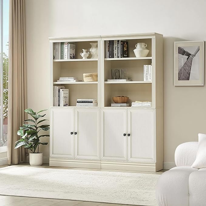 JAHRSTIM Halston Standard with Doors Bookshelves and Bookcase Floor Standing 5 Tier Adjustable Shelves Organizer and Storage, 72in Tall Bookshelf for Home Office, Living Room, Bed Room, Kitchen, Cream