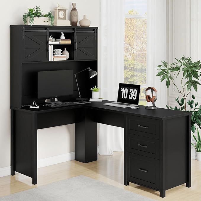 Vabches Farmhouse 68" H L Shaped Desk with Hutch,Office Table with 3 Drawers and Sliding Doors, Wood Executive Desk with File Drawers and Charging Station, Workstation for Study and Home Office