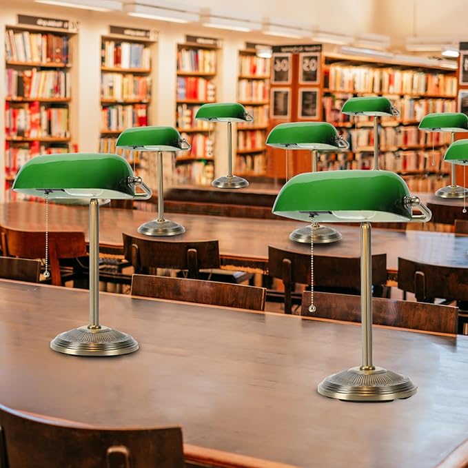 NISSAFORS Bankers Desk Lamp, Green Glass Shade, Vintage Desk Lamp with Pull Chain Switch, Retro Table Lamps for Home Office (Brass+Green, Small)