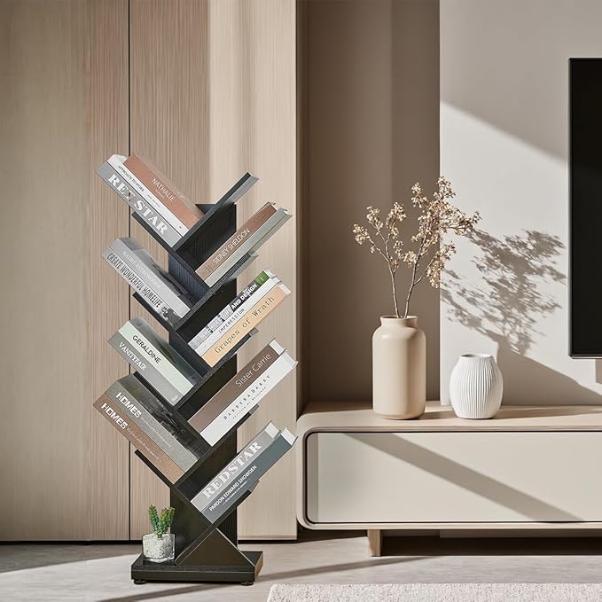 ruboka 9 Tier Tree Bookshelf, 9 Shelf Floor Standing Bookcase Display for CDs/Magazine/Books, Retro Bookshelf for Bedroom, Living Room, Office,Balcony,Book Organizer Storage Shelves