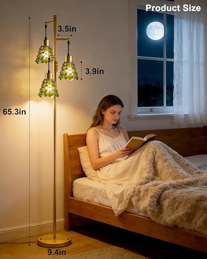Lightdot 65" Glass Floor Lamps for Living Room, 3-Light Dimmable Floor Lamp with Green Glass Shade& E12 Bulbs Included, Mid Century Standing Tall Lamp for Bedroom/Sofa Beside/Corner Decor-Gold