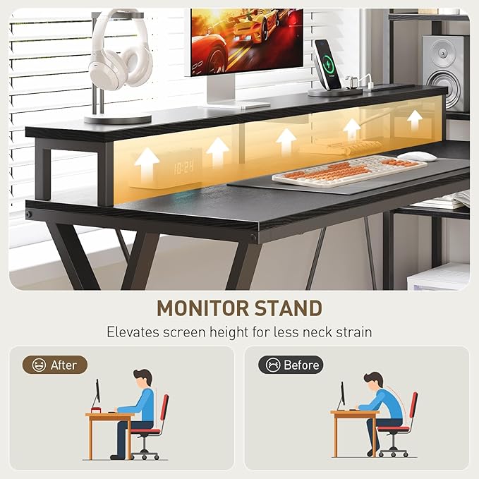 Reversible L Shaped Gaming Desk with Shelves, 52'' L Shaped Computer Desk with Power Outlet and LED Light, Corner Desk with Storage Shelf and Monitor Stand, for Home Office, Black