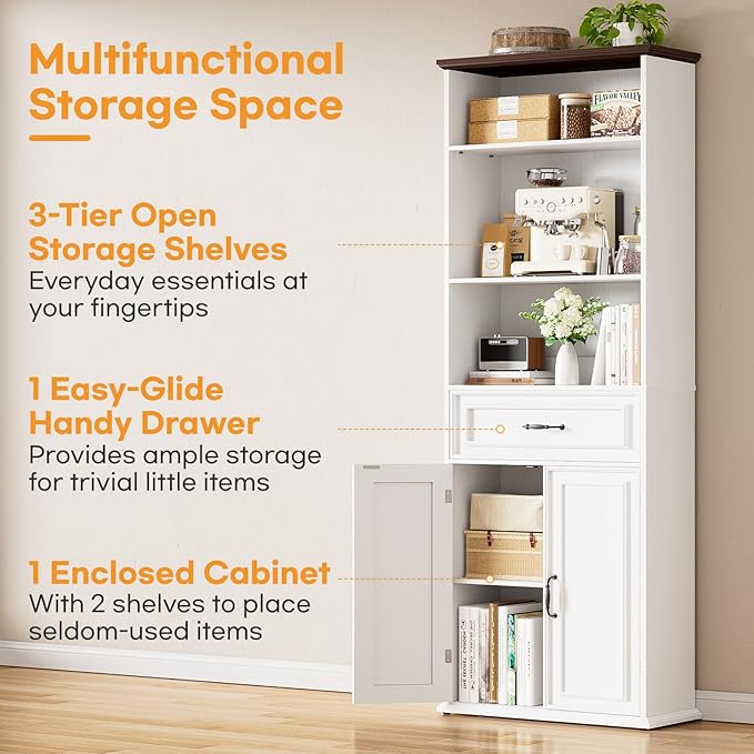 Cyclysio 80" Tall Bookcase Set of 2, Farmhouse 2 Set Bookshelves with Drawer and Doors, Floor Standing 6 Shelf Display Storage Cabinet for Home Office, Living Room (2, Antique White/Walnut)