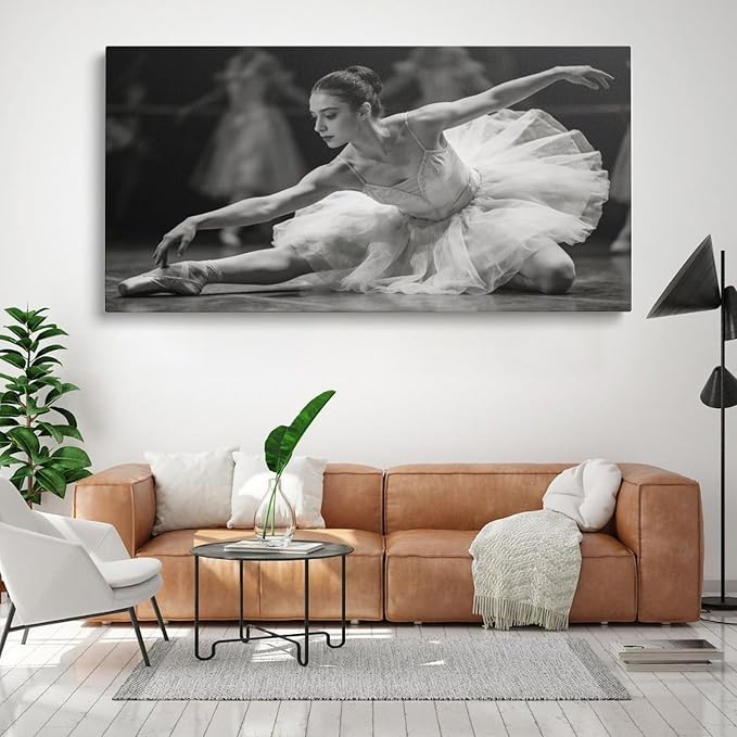 Black White Ballet Dancer Framed Canvas Wall Art for Bedroom, Elegant Figure Decor 48" L x 24" W