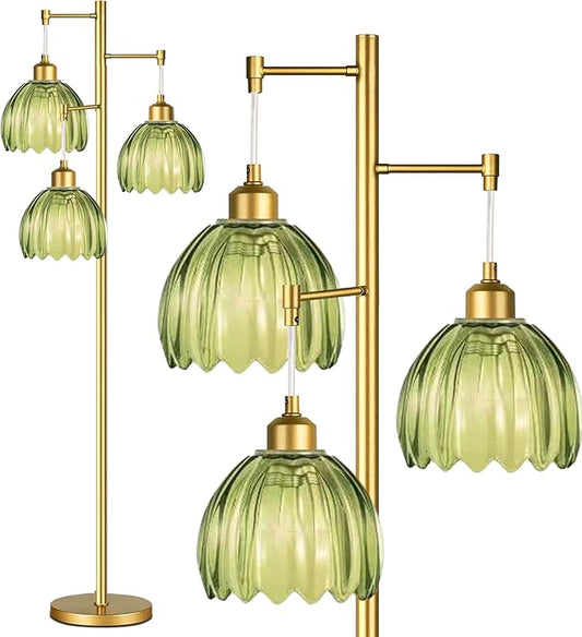 Glass Floor Lamp for Living Room,Bedroom,Gold Mid Century Modern Standing Lamp Brass Tree 3 Light Tall Floor Lamps Vintage Retro Floor Lights Green Flower Lamp Shade Farmhouse Boho Bohemian