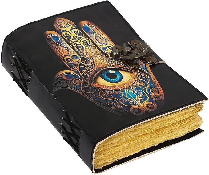 TUZECH Book of Spells Leather Bound Journal Deckle Edge Paper Grimoire Printed Diary Third Eye witchcraft supply and Witch Spell Notebook Antique Vintage Book for Men and Women (The Khamsa Symbol)