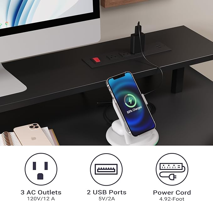 Black Computer Desk with Drawers, 42 Inch Home Office Desk Study Writing Table, Gaming Desk with USB Power Outlets, Office Desk with Fabric Drawer, Work Table with Shelf for Bedroom, Black