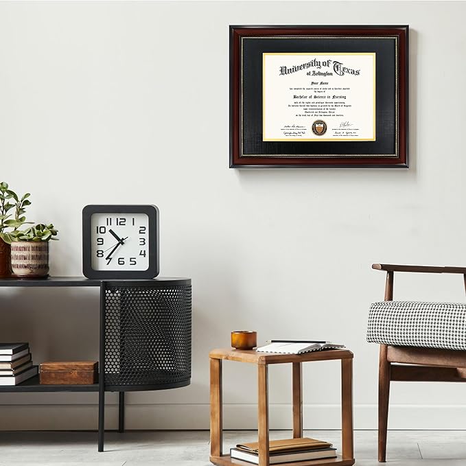 GraduationMall 8x10 Diploma Frame with Black over Gold Mat or Display 11x14 Document without Mat, Tempered Glass, Mahogany with Gold Beads