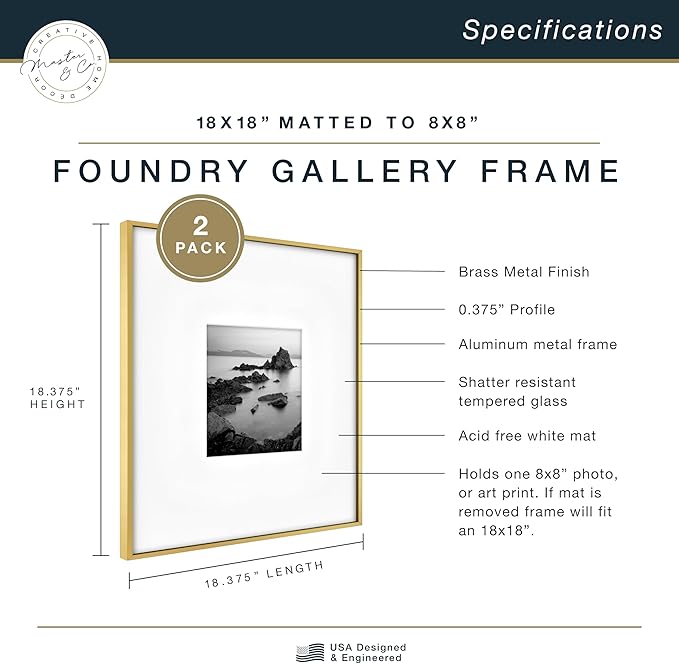 MCS Master & Co. Foundry Metal 18x18 Matted Picture Frame with 8x8 Photo Display, Brass Vertical & Horizontal Wall Hanging Frame for Photos & Artwork (2-Pack)