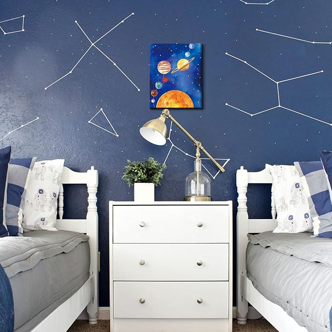 CHDITB Framed Outer Space Art Prints Cartoon Watercolor Planet Wall Art Set of 3 Pieces (11.8x15.6inch), Universe Theme Canvas Painting, Spaceship, Astronaut For Kids Room Nursery Decor-Ready to Hang