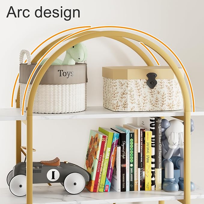 Arched Bookshelf 5 Tier Book Shelf, 31.5 Inch Width Industrial Arch Bookcase, Curved Tall Bookshelf with Open Shelves for Home Office, Living Room, Bedroom, Gold