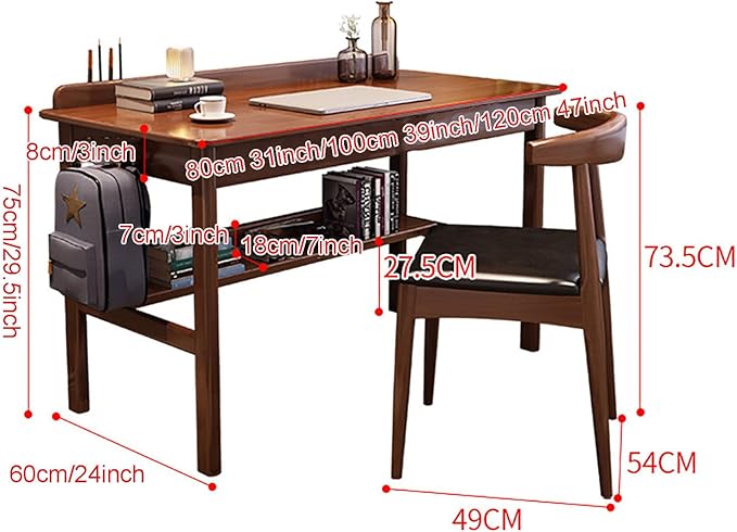 SAZDFY Solid Wood Home Office Desk Workstation, Writing Desk with 2 Drawer and Shelves,Mid Century Modern Computer Desk PC Study Table for Small Spaces(80x60x75cm(31x24x29in), Walnut1)
