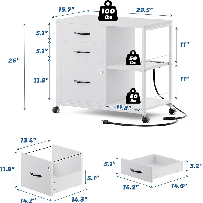 Lulive File Cabinet for Home Office, Filing Cabinet with Lock and USB Charging Port, 3 Drawer File Cabinet, Rolling File Cabinet with Storage for A4, Letter Size, White, HI1355