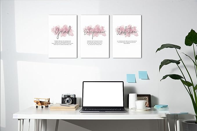 SHMAO Pink Office Canvas Wall Art Motivational Wall Decor, 3 Piece Grind Entrepreneur Ambition Pictures for Office Wall Decor Women Inspirational Framed Artwork Home Office Decor 12”x18”x3 Panels