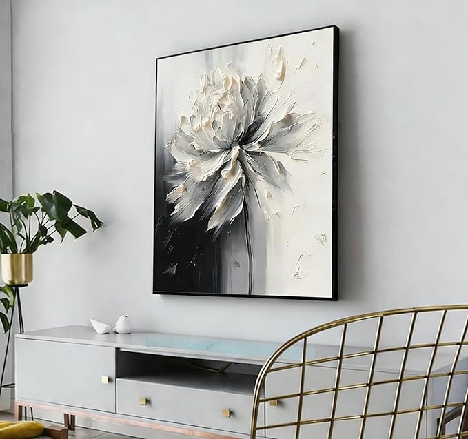 Hand Painted White And Black Flower Canvas Wall Art for Living Room,Large Framed Floral Oil Painting for Bedroom, Modern 3D Floral Artwork Wall Decor for Office Home Decor 28" x 40"