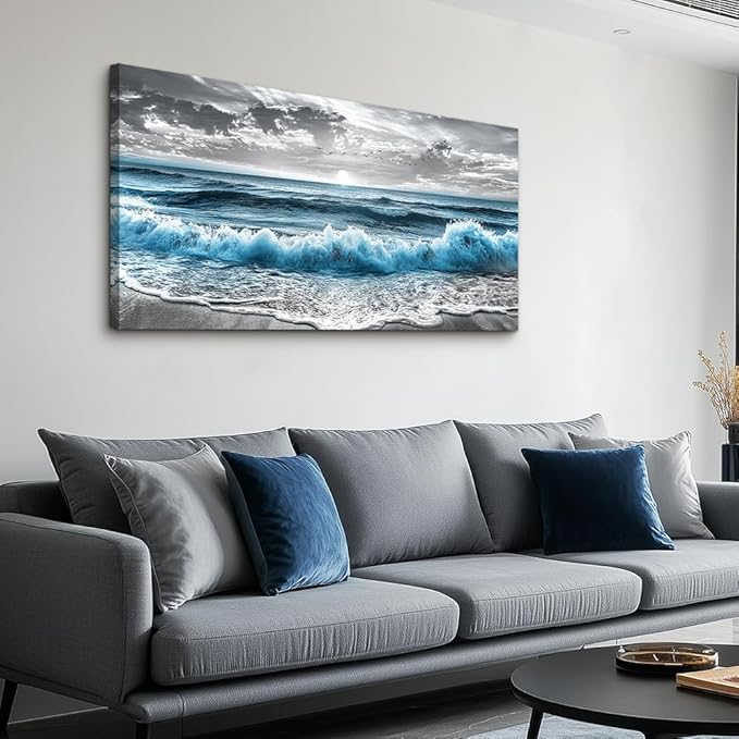 ZUITINGHUA Large Wall Decor For Living Room Canvas Wall Art For Office Modern Wall Decorations For Bedroom Sea Wave Landscape Painting Black And White Pictures Artwork Room Home Decor 24x48 In