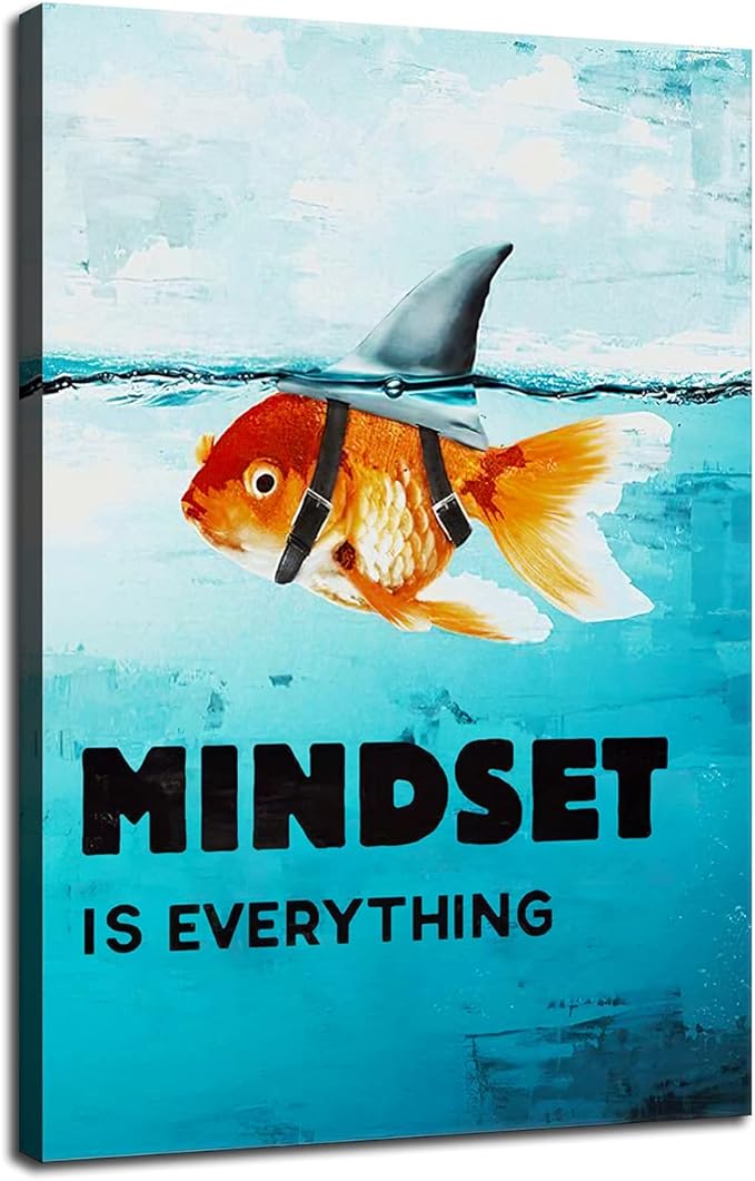 Mindset is Everything Inspirational Goldfish Shark Picture Canvas Wall Art Inspiring Entrepreneur Painting Poster Print Artwork Office Decoration Living Room Bedroom Ready to Hang[24''W x 36''H]
