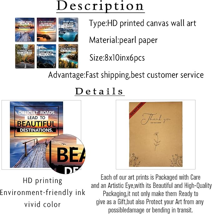 SGGYEFOK Motivational Wall Art Decoration Painting | 6-pack 8 x 10 inches, Suitable for Library, School, Gym,Office， Living Room deco（Frameless） 1