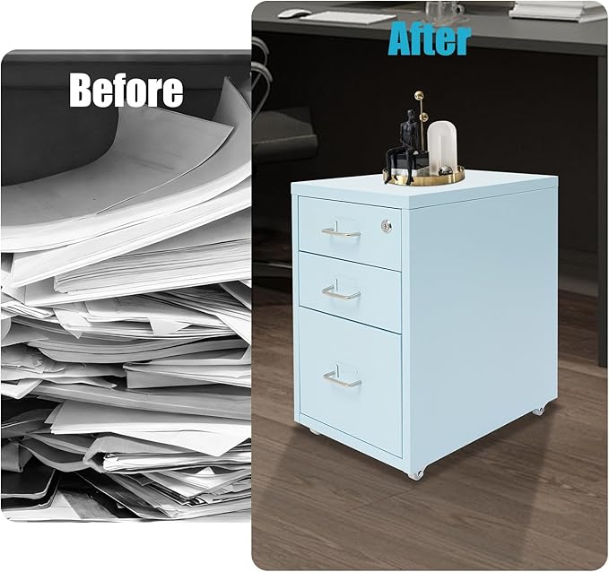 3 Drawer Vertical File Cabinet, Filing Cabinets for Home Office, Metal Vertical File Storage Cabinet with Lock, Locking File Cabinet for Office, Study, Dresser, 11" W x 16" D x 18.3" H, Black (Blue)