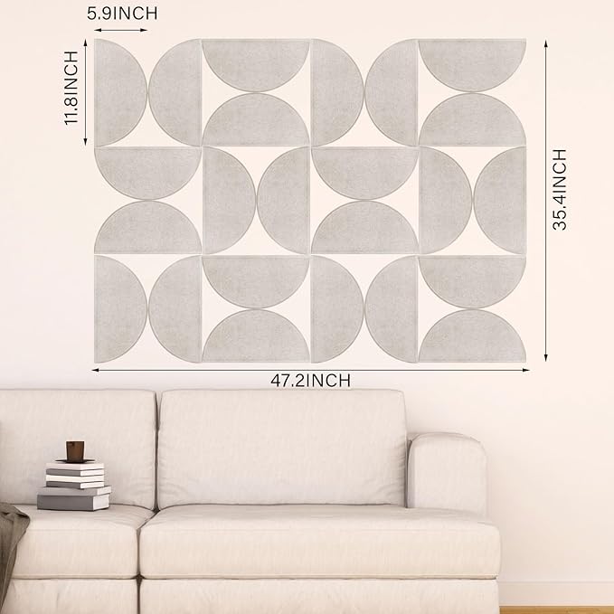 24 Pack Decorative Bulletin Board Felt Wall Tiles Bulk 11.8"x5.9" Semi-Circle Large Wall Art with Removable Adhesive Tabs for Customizable DIY Home Office Decoration Gift (White)