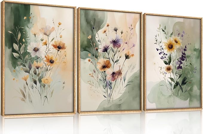 Large Vintage Wildflower Framed Canvas Wall Art,Rustic Watercolor Flowers Wall Decor,Boho Botanical Print,Retro Green Floral Artwork for Living Room,Bedroom,Dining Room -16"x24"x3